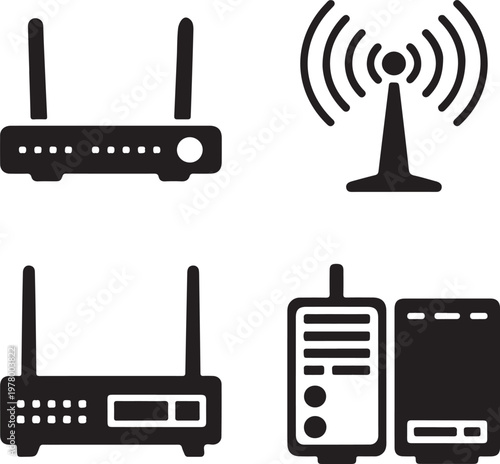 Wireless network and communication icons set with router antenna and radio devices