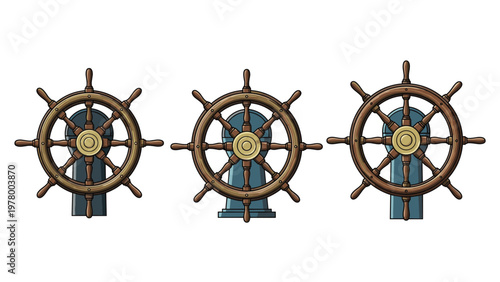 Variety of wooden ship steering wheels and helms shown in detail representing traditional maritime navigation and vessel control.