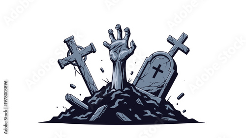 Zombie hand emerging from a mound of dirt in a graveyard with tombstones and crosses in a spooky horror illustration style.