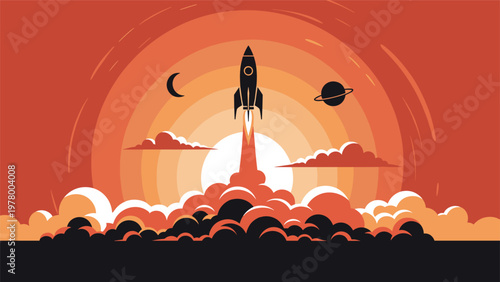 Powerful rocket launching into space during a vibrant sunset with thick clouds and fire representing space exploration and future missions.