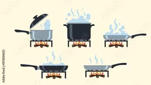 Set of cooking pots and pans on fire with steam rising representing meal preparation on a kitchen stove or open flame.