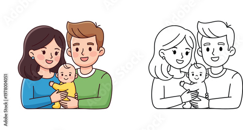 Happy family with mother father and newborn baby coloring book page illustration for kids with colored and line art version