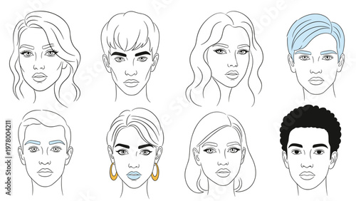Diverse set of human face sketches in line art featuring men and women with different hairstyles and ethnicities in a minimal style.