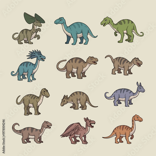 Collection of various colorful cartoon dinosaur species illustrations 1.