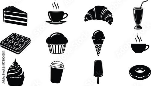 Black and white dessert collection cakes pastries and sweet treats