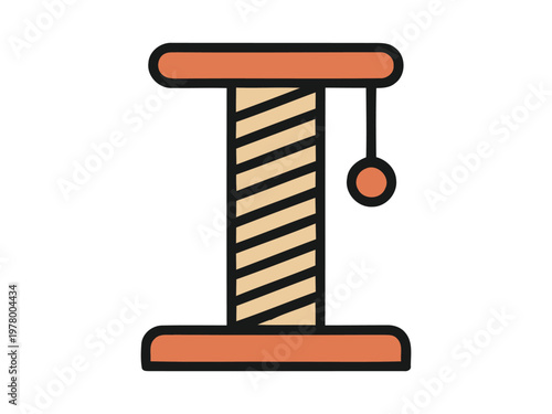 Cute vector illustration of an orange cat scratching post with striped pole and hanging red ball toy. Flat cartoon style for pet, cat, play, and animal accessory themes.