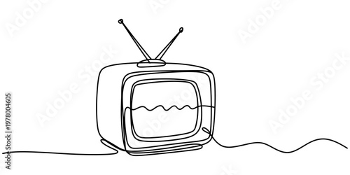 continuous one line drawing Retro television TV set with antenna and screen isolated on white background vector illustration