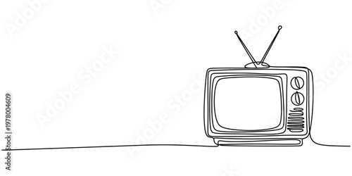 continuous one line drawing Retro vintage television TV set with antenna and screen isolated on white background vector illustration