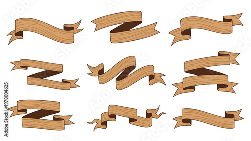 Collection of curved wooden ribbon banners with timber texture and brown edges for rustic labels and headings on white background.
