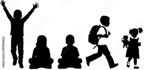 Black silhouettes of children in various poses, set of 5 diverse kids vector icons, school boy with backpack and girl with teddy bear