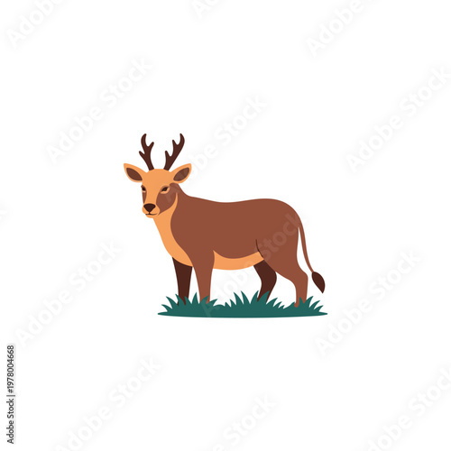 Cartoon vector illustration of a brown deer standing in green grass.