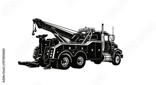 flat vector illustration of black tow truck with hook on white background