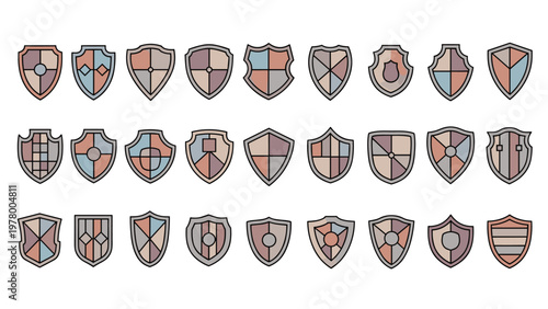Large grid of heraldic shield designs showing various shapes and internal divisions used for coats of arms and medieval knightly emblems.