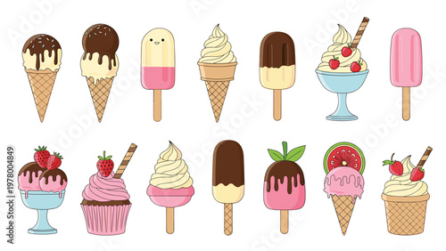 Delicious assortment of ice cream treats including chocolate dipped cones colorful popsicles and sundae cups with fruit toppings and wafers.