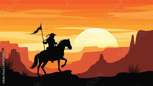 Silhouette of a lone cowboy riding a horse across a rugged canyon landscape during a dramatic orange sunset with a large glowing sun behind.
