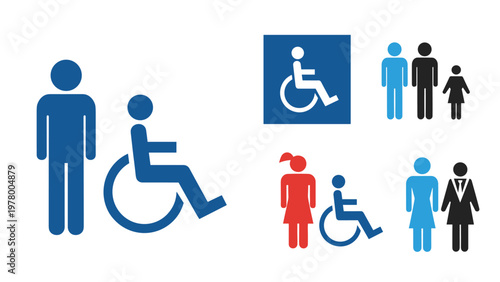 Collection of blue and red human pictograms representing a man woman child and individuals in wheelchairs for accessibility and signage use.