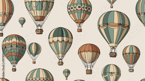 Beautiful pattern of vintage hot air balloons in muted green and brown tones flying against a light background for nostalgic nursery decor.
