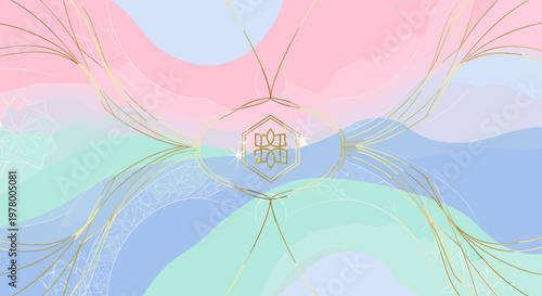 Abstract pastel waves with golden geometric lotus and delicate floral accents, evoking serenity and spiritual growth.