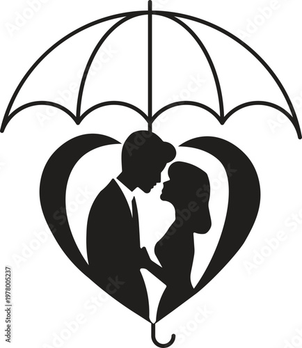 Romantic Couple Under Umbrella Heart Shape Silhouette 
