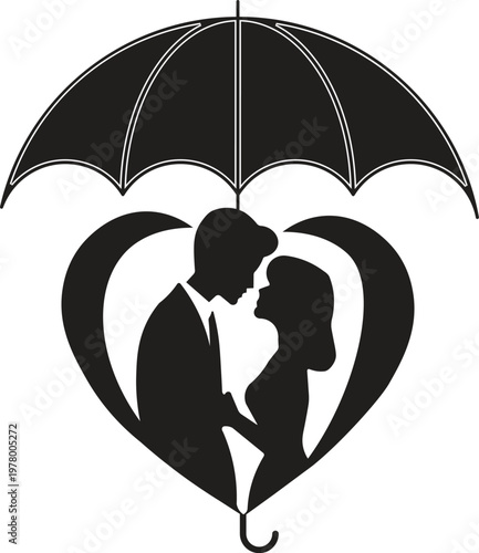 Romantic Couple Under Umbrella Heart Shape Silhouette 