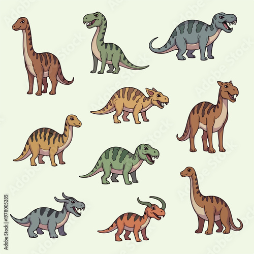 Collection of hand drawn colorful cartoon dinosaurs set.