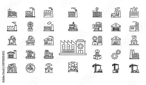 Factory line icon set with industry production machine and warehouse symbols in editable stroke style isolated on white