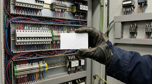A gloved hand holds a blank card in front of a complex electrical control panel with many wires and components, suggesting a technical concept.