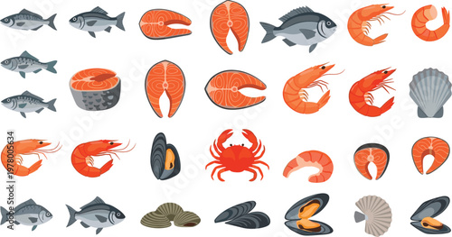 Seafood set with various fish shrimp mussels crab and salmon pieces detailed vector illustration collection isolated on white background