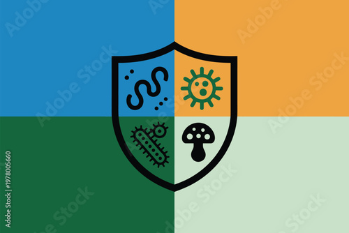 A colorful shield with various germ and microbe symbols on a divided background