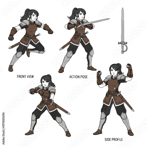 Character concept sheet of a female warrior in various combat poses.