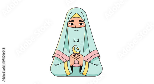 Muslim woman in hijab holding crescent moon and star for Eid celebration vector illustration in cartoon style