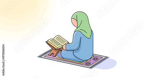 Muslim woman in hijab reading Quran on prayer rug illustration in cartoon style with warm light; religious study and worship