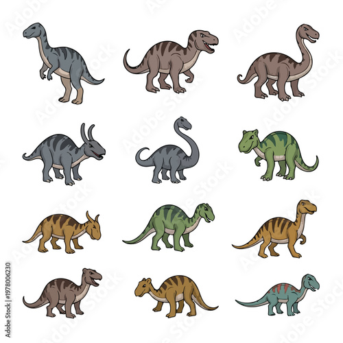 Collection of various colorful dinosaur species cartoon style illustrations.