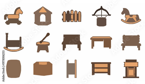 Editable wooden outline and filled icons set with rustic furniture toys and outdoor objects vector collection