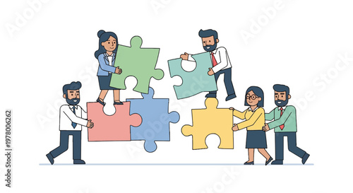 Teamwork illustration of business people assembling jigsaw puzzle pieces symbolizing collaboration strategy and problem-solving in a cartoon style