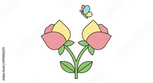 Twin roses illustration with butterfly vector design pastel colors floral design element isolated on white background plant artwork