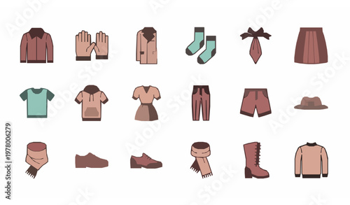 Fashion wear icon set with jacket gloves dress shoes and clothing apparel geometric filled outline vector collection