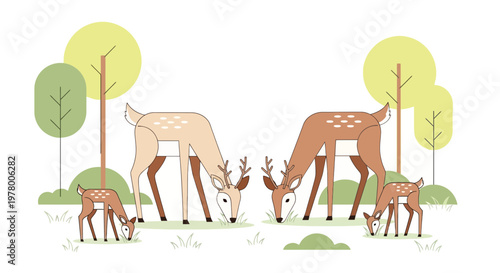 Two adult deer and two fawns graze peacefully among stylized trees and green grass in a minimalist vector illustration of a forest scene