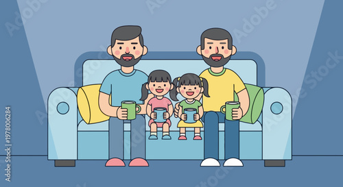 Two dads sitting with daughters on sofa holding mugs in cartoon style illustration with light blue yellow and pink color scheme