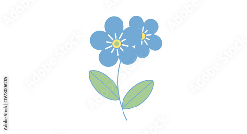 Two delicate light blue forget-me-nots with bright yellow centers presented in a charming minimalist vector illustration style on white background