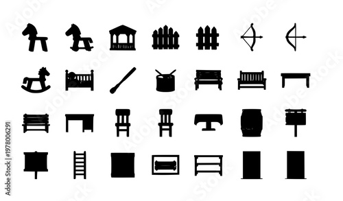 Wooden icons collection with filled and outline style including furniture toys and rustic objects vector set