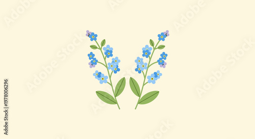 Two sprigs of forget-me-nots vector illustration with delicate blue petals small leaves on cream background; floral design element for spring greeting card or textile print