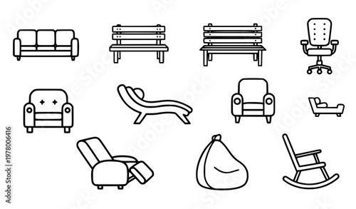 Modern comfortable furniture outline icons with sofa office chair bench and lounge seating bold line vector style