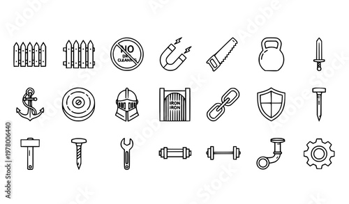 Iron outline icons set with fence saw magnet sword kettlebell anchor and metal tool symbols minimal vector collection
