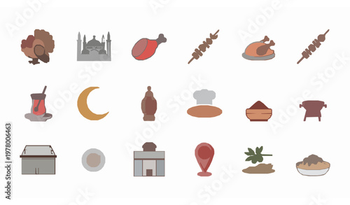 Turkey culture and food icons set with mosque kebab tea chicken and traditional symbols filled and outline vector collection