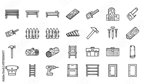 Woodworking outline icons set with chainsaw nail gun bench table and fence in bold line vector style