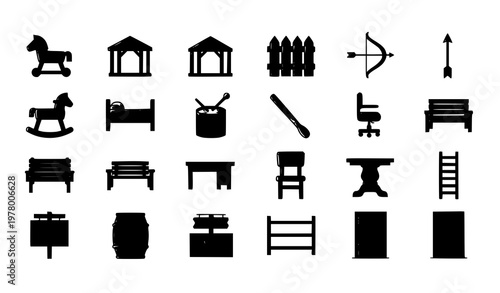 Rustic wooden icons set with furniture toys gazebo and bench in bold filled and outline vector style