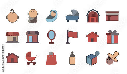 Modern small icons set with baby shop barn flag and daily objects bold flat vector style for UI and apps