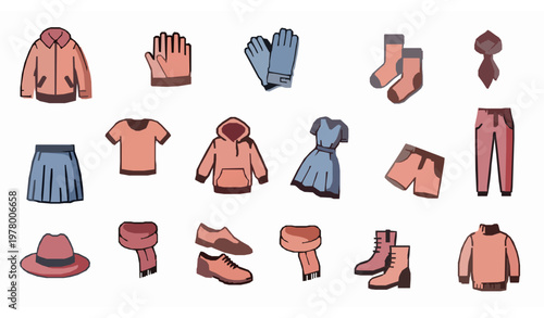 Modern wear icons with jacket dress shoes and fashion apparel bold filled and outline vector style for web and mobile