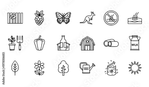 Editable natural outline icons set with field berry butterfly plant barn and organic eco symbols geometric vector style